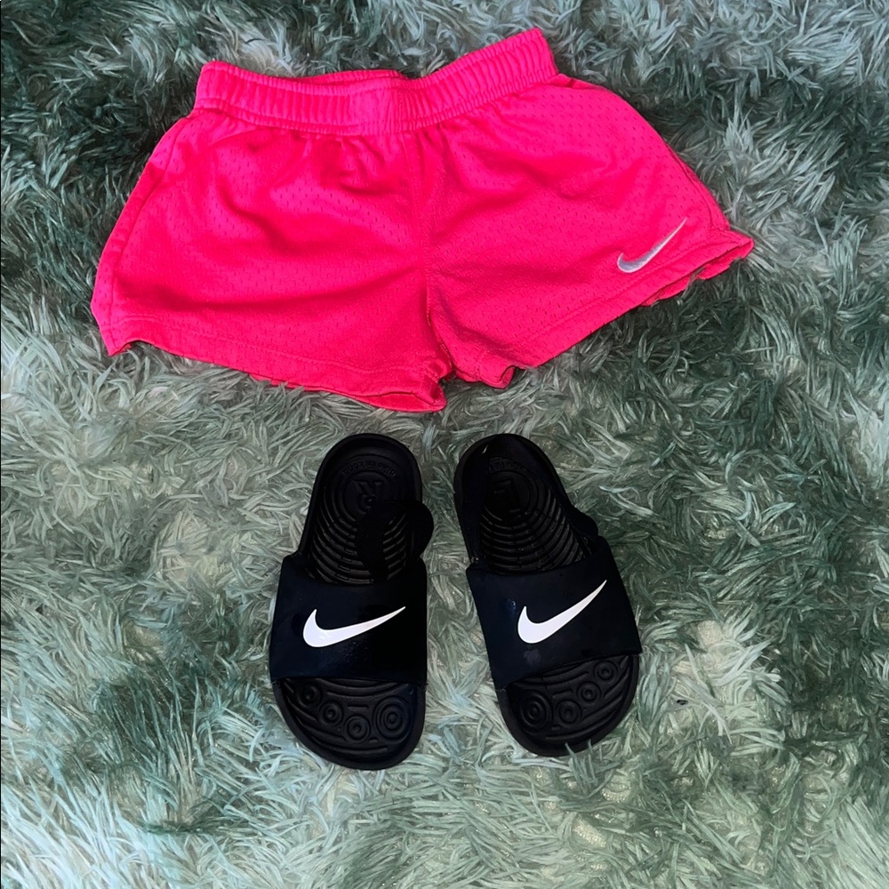 Nike Hot Pink Shorts and Black Slides